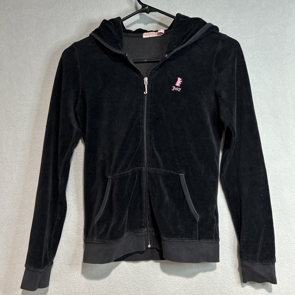 Juicy Couture Velour Hoodie Girls‎ Size 14 Black Velvet Zip Up Jacket Y2K